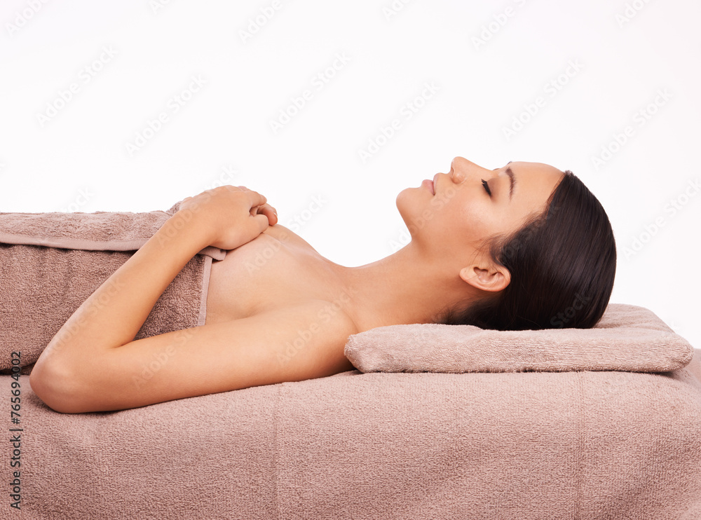 Spa, massage and relax with woman, wellness and peaceful lady isolated on white studio background. Person, mockup space and model with vacation and calm with hospitality industry and zen with holiday Spa, massage and relax with woman, wellness and peaceful lady isolated on white studio background. Person, mockup space and model with vacation and calm with hospitality industry and zen with holiday