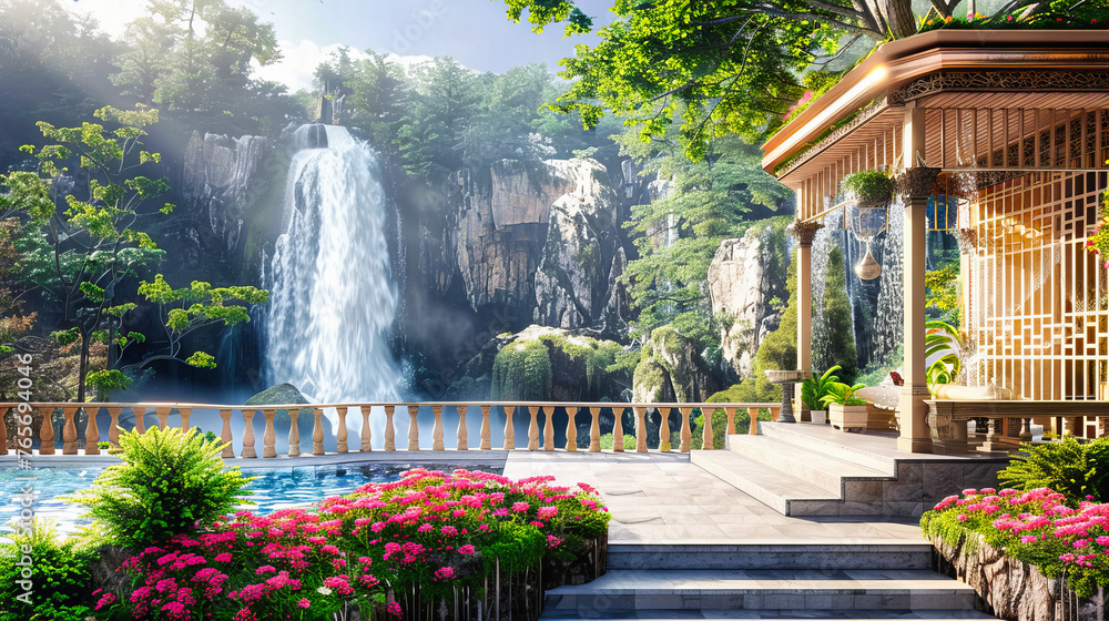 Tropical Waterfall and Forest Scenery, Kuang Si Falls in Laos, Nature and Travel Concept Tropical Waterfall and Forest Scenery, Kuang Si Falls in Laos, Nature and Travel Concept