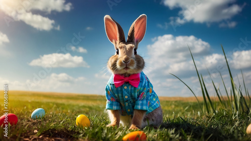 Cute stylish cartoon rabbit with Easter eggs. © Osadchyi_I