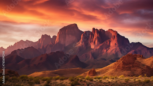 A stunning landscape photograph of a vast desert mountain range at sunset, featuring vibrant red rock formations and a deep blue sky.