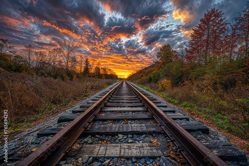 Empty train tracks going into the sunset, horizon vanishing point, landscape, background