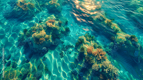 Underwater seascape with clear blue waters and coral reefs, highlighting the serene beauty of the oceans depths