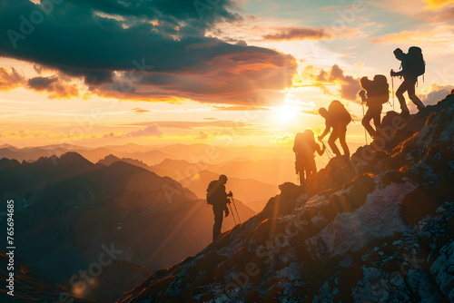 Landscape of hikers going down a hill during sunset photo