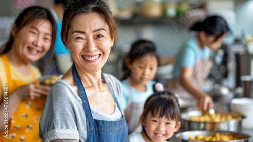 A multigenerational Asian family volunteers at a local soup kitchen, working side-by-side to serve food to others, with smiles of unity and purpose.