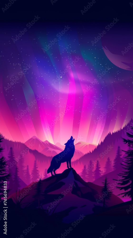 Fototapeta premium Wolf Standing on Top of Hill Under Purple Sky