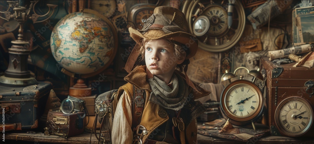 Fototapeta premium child in an attic filled with antiques and curiosities, donning a homemade time traveler's costume, ready to embark on adventures through history, surrounded by maps, clocks