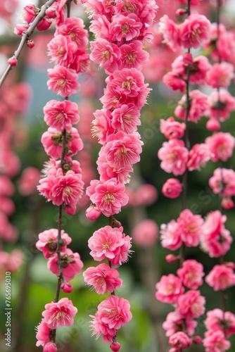 A Bunch of Pink Flowers Hanging From a Tree © jiawei