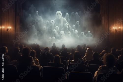 Ghostly Figures Appearing on Screen in a Haunted Movie Theater