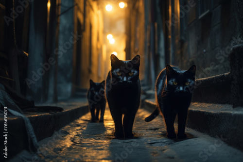Three Black Cats Walking Together on a Cobblestone Street at Night