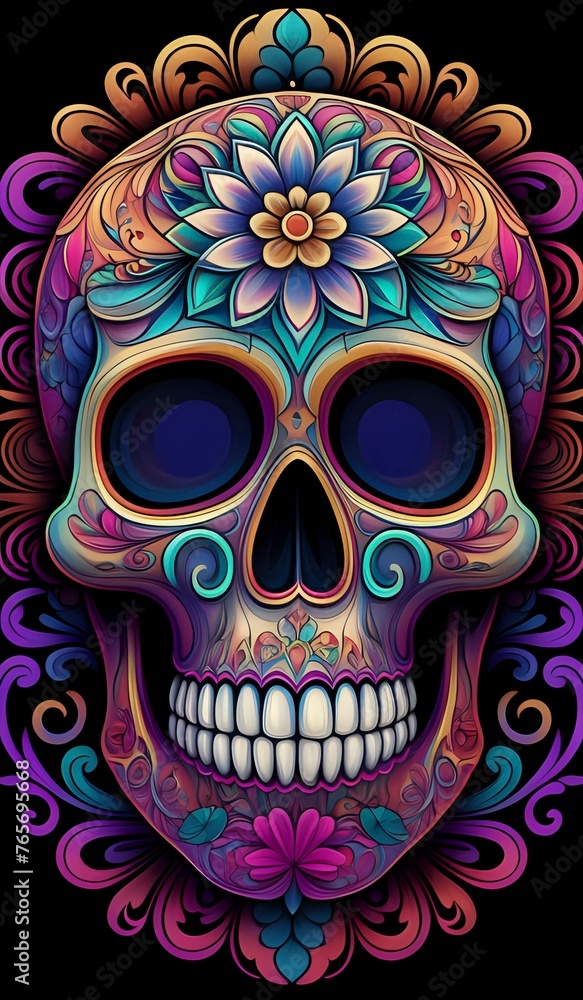 Iridescent day of the dead skull on an elaborate background. AI Generated. Iridescent day of the dead skull on an elaborate background. AI Generated.