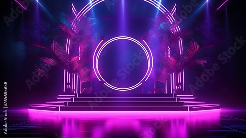 energetic purple stage with neon lights, backdrop,