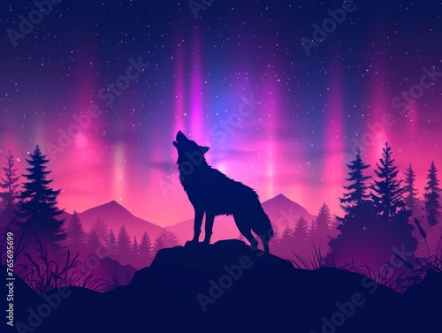 Wolf Standing on Top of Mountain Under Green Sky © jiawei