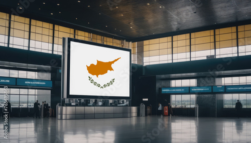 Cyprus flag in the airport terminal. Travel and tourism concept.