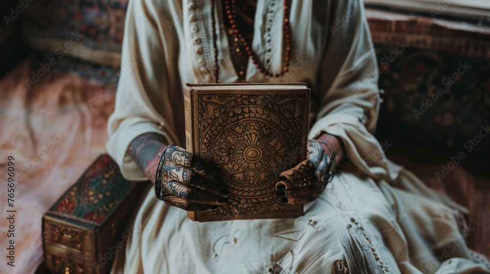 A non-binary person with vitiligo, their skin adorned with intricate henna designs. They wear a flowing, gender-neutral garment and hold a book with a fantastical cover.
