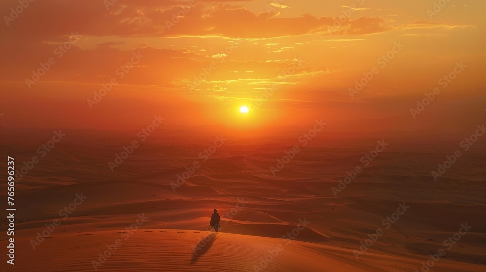 A panoramic shot of a sprawling desert landscape, with a lone figure walking towards the setting sun. (epic, establishing shot)