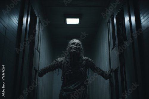 Terrifying Undead Creature Looming in a Dark, Abandoned Asylum Corridor