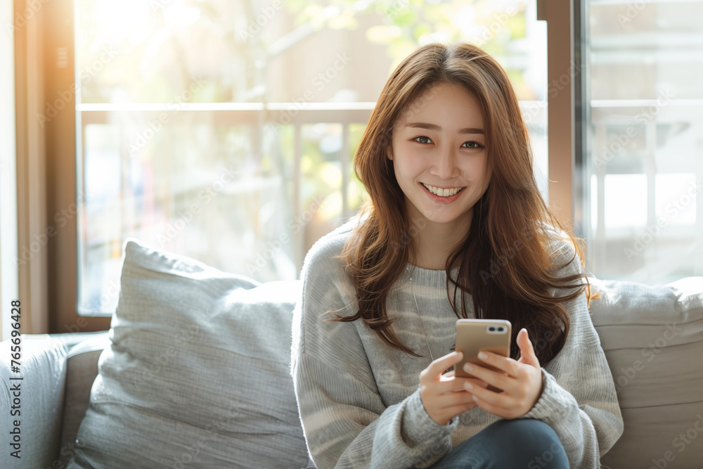 Radiant young Asian woman using smartphone on cozy sofa Radiant young Asian woman using smartphone on cozy sofa