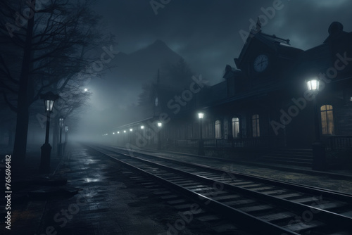  Mysterious Evening at a Fog-Enveloped Old Train Station Under Dim Street Lights
