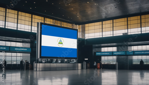 Nicaragua flag in the airport terminal. Travel and tourism concept. © Александр Бердюгин