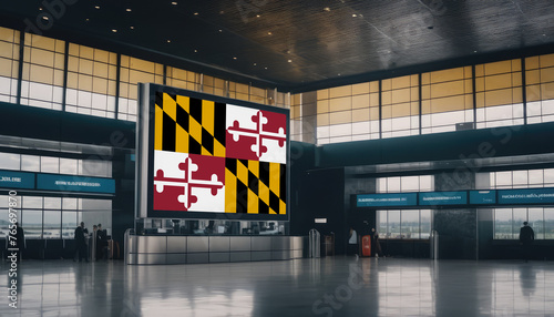 Maryland flag in the airport terminal. Travel and tourism concept.