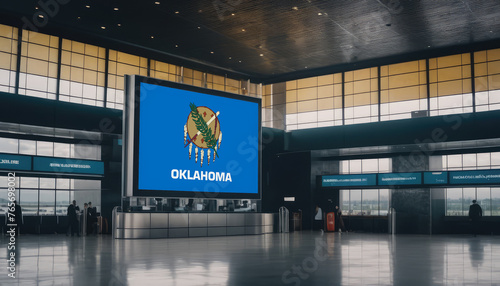 Oklahoma flag in the airport terminal. Travel and tourism concept.
