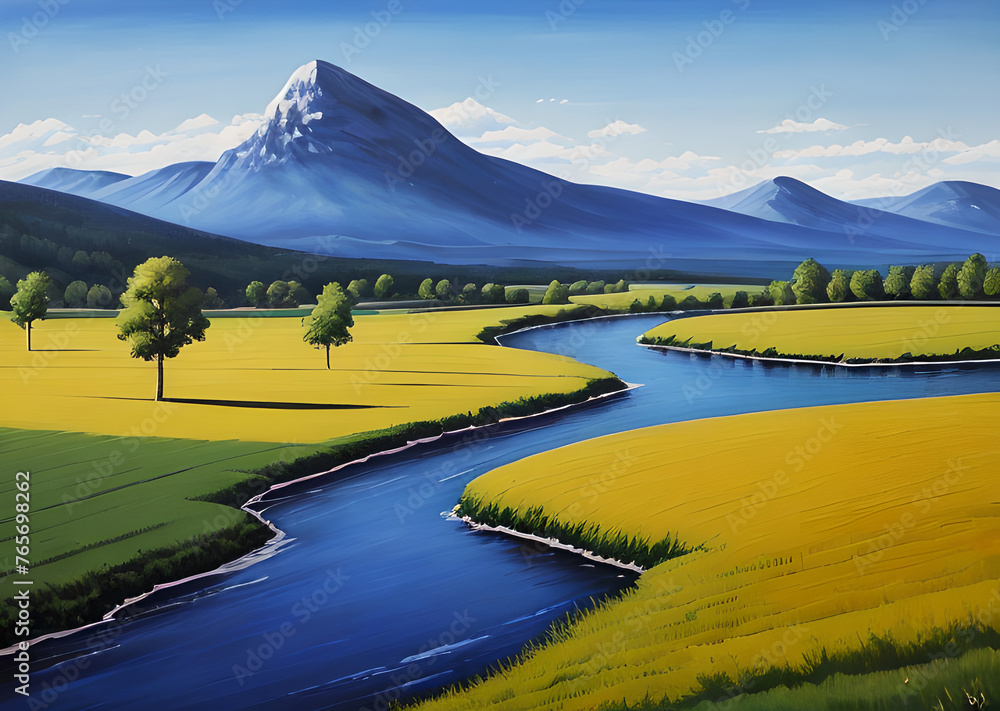 Naklejka premium landscape in a fabulous forest, rainbow spectrum of colorful autumn trees in unusual neon lighting, fog background autumn fantasy painted, mountain and forest terrain, Generative AI 