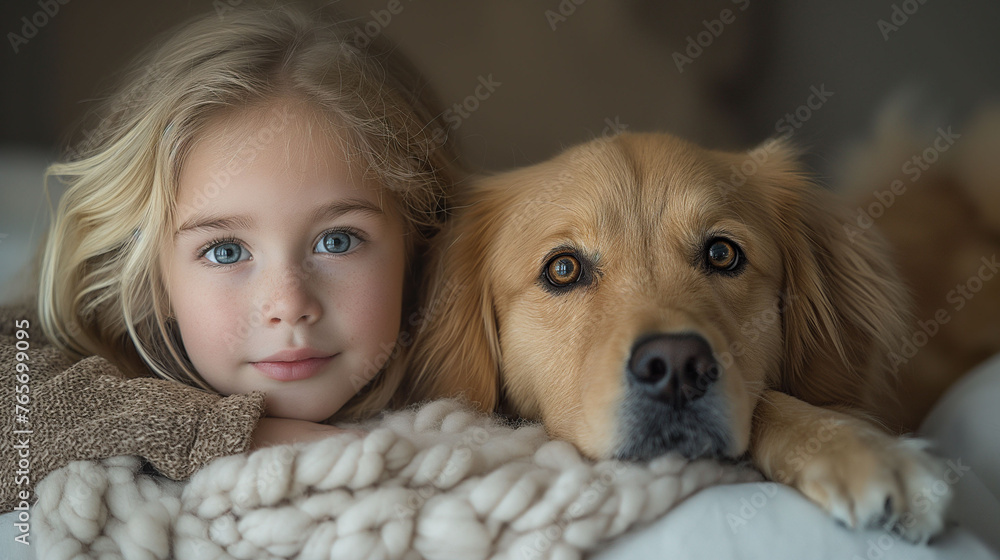 Adorable children with their pets. A small girl with her retriever Adorable children with their pets. A small girl with her retriever