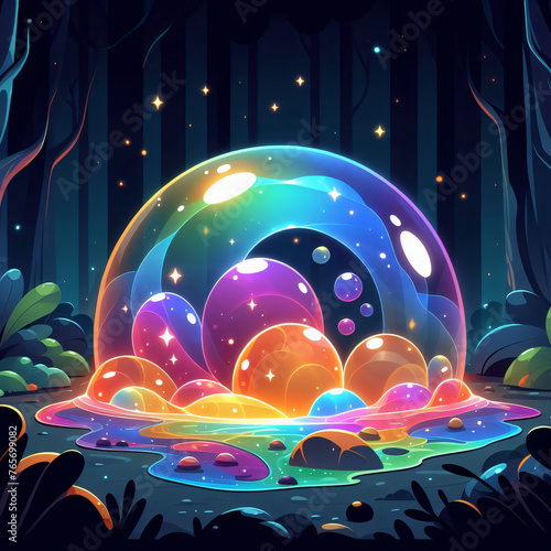 Enchanting Rainbow Gem in Mysterious Forest Setting 2D, liquid photo