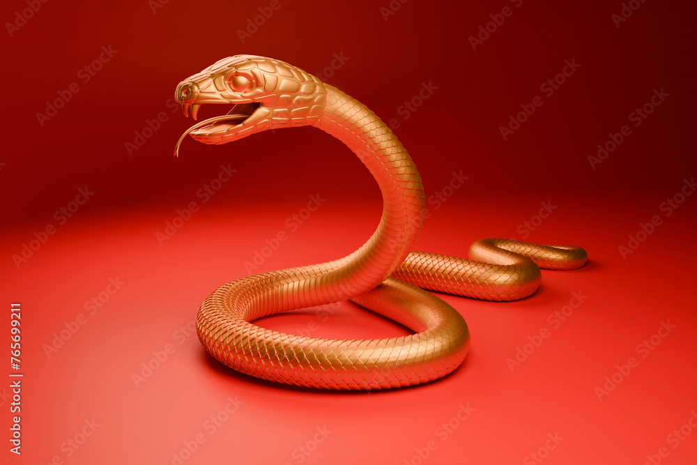 Fototapeta premium Snake is a symbol of the 2025 Chinese New Year. 3d render illustration of Golden Snake on a red background. Zodiac Sign Snake, asian oriental concept for lunar year
