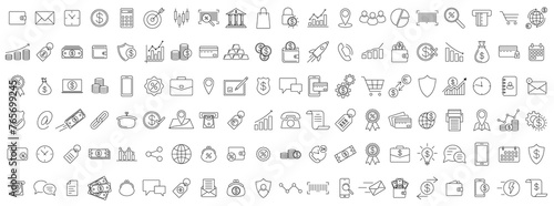 Business icons. Set of black linear business icons on white background. Economy symbols. Vector illustration