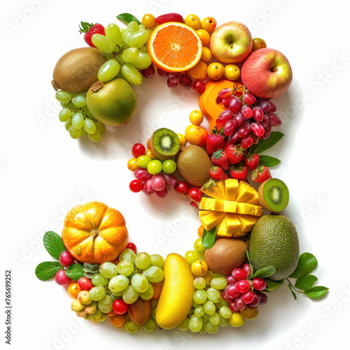 Colorful Fresh Fruits Arranged in a Number '3' Representing Healthy Choices