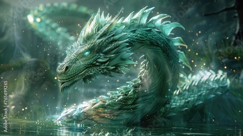 Wyrm rising from the depths, its scales shimmering with ancient wisdom