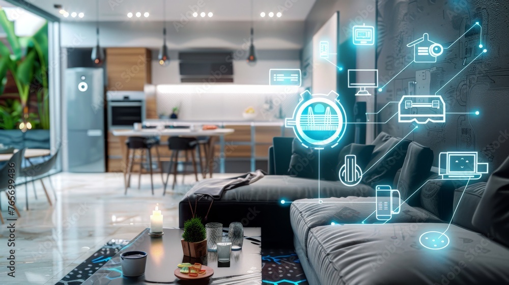 interior of a fully integrated AI-powered smart home, where every appliance and system is seamlessly connected, responding to the inhabitants' needs through intuitive interfaces interior of a fully integrated AI-powered smart home, where every appliance and system is seamlessly connected, responding to the inhabitants' needs through intuitive interfaces