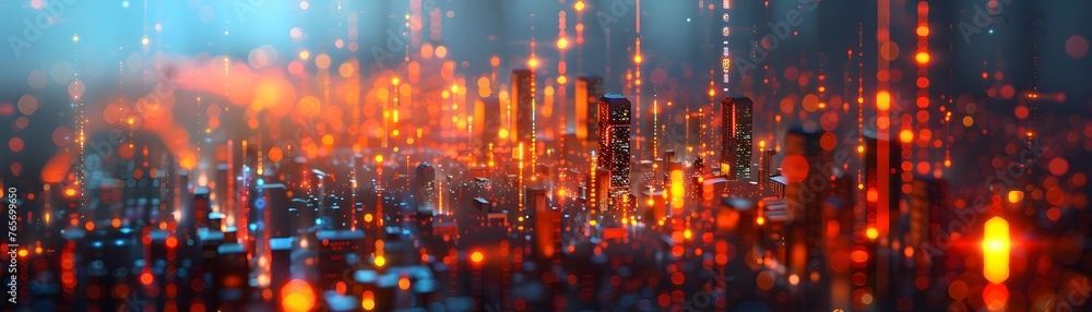 Fototapeta premium Abstract representation of a cityscape with vibrant blue and orange data lines, depicting digital connectivity and urban technology.