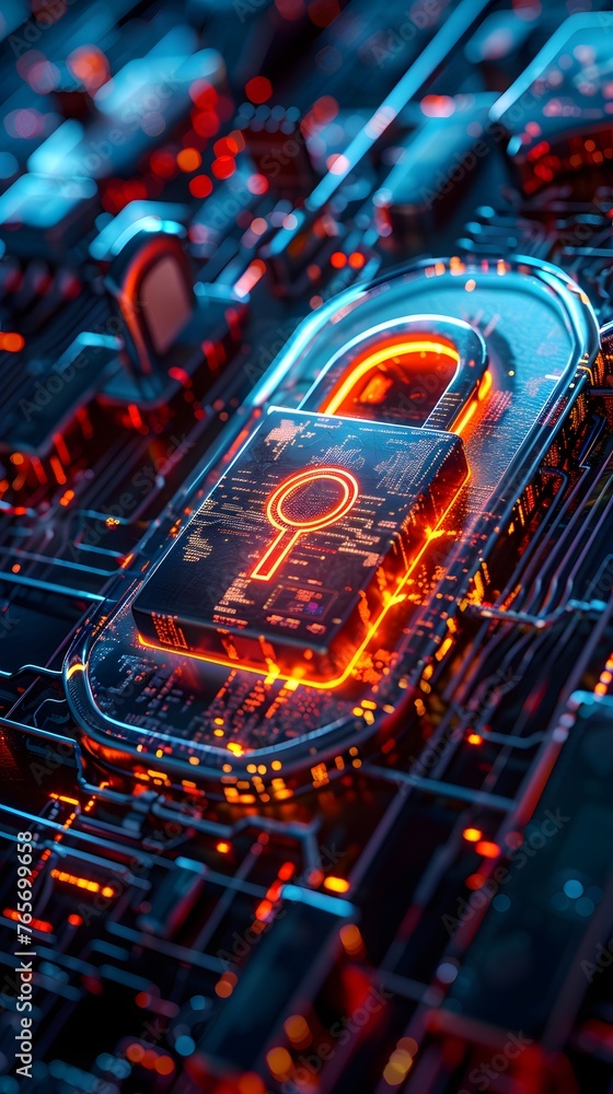 Fototapeta premium A glowing digital padlock on a complex circuit board, representing strong cybersecurity and data protection technology.
