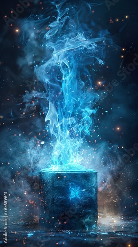 Mystical box erupting with blue fire low angle
