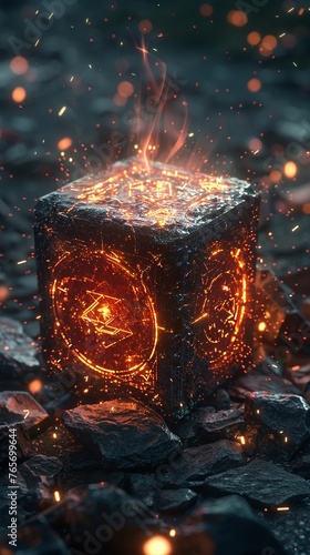 Small box with fire glyphs surrounded by magic sparks