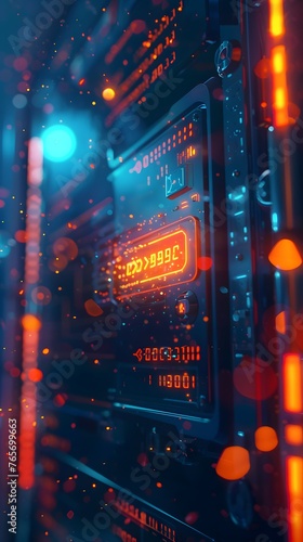 Close-up of a high-tech server rack with digital displays, glowing in vibrant blue and orange, symbolizing data processing and computing power.