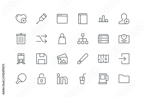 Bar chart,Book,Browser,Crutch,Favorite cross,File cross,Folder,Gas station,juice,Linkedin,Lock,Log out,Map,Pen,Picture,Save,Scales,Server,Share,Shopping bag,Shuffle,set icons, vector illustration