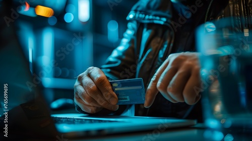 A close-up of a person's hands holding a credit card, making an online payment on a laptop in a dimly lit setting. photo