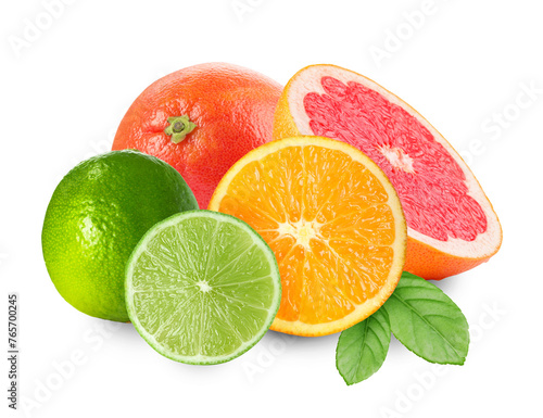 Citrus fruits. Fresh grapefruits, orange and lime on white background