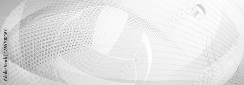 Volleyball themed background in gray tones with abstract meshes, curves and dotted lines, with a female volleyball player hitting the ball