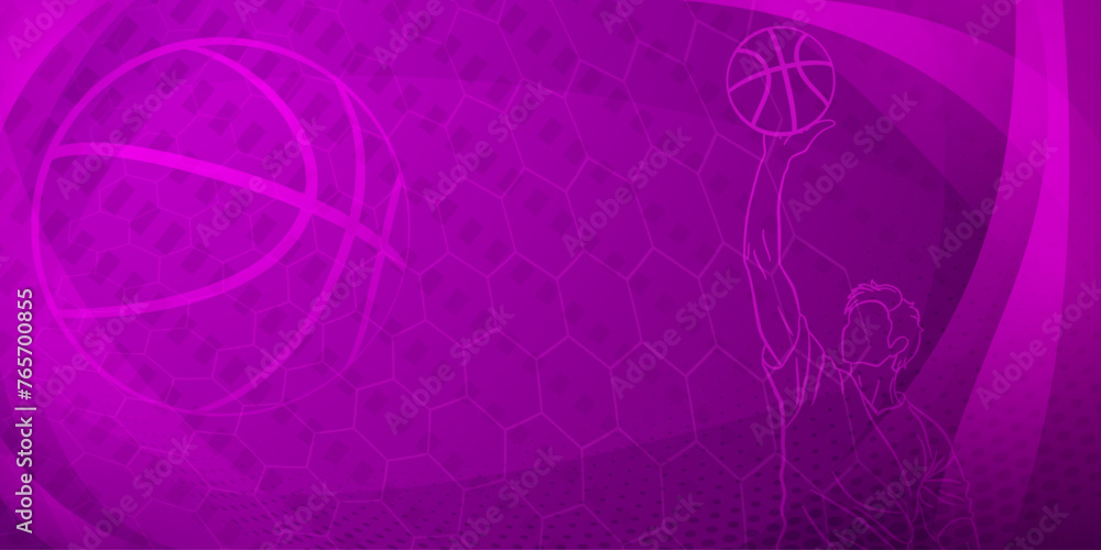 Basketball themed background in dark purple tones with abstract meshes, curves and dots, with a male basketball player and ball Basketball themed background in dark purple tones with abstract meshes, curves and dots, with a male basketball player and ball