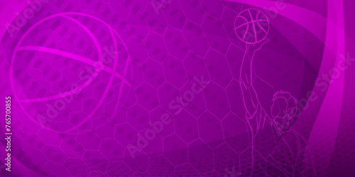 Basketball themed background in dark purple tones with abstract meshes  curves and dots  with a male basketball player and ball