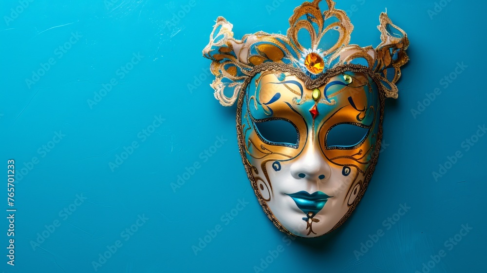 Elegant and Vibrant Carnival Mask with Gold Detailing and Feathers on a Dual-Toned Solid Background