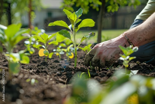 Close up of Hands Planting Young Tree Seedling in Fertile Soil in Sunny Garden