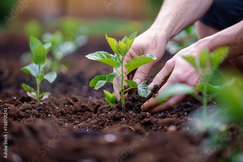Close up of Hands Planting Young Saplings in Garden Soil, Nature Conservation, Gardening Hobbies, Spring Plantation, Earth Connection