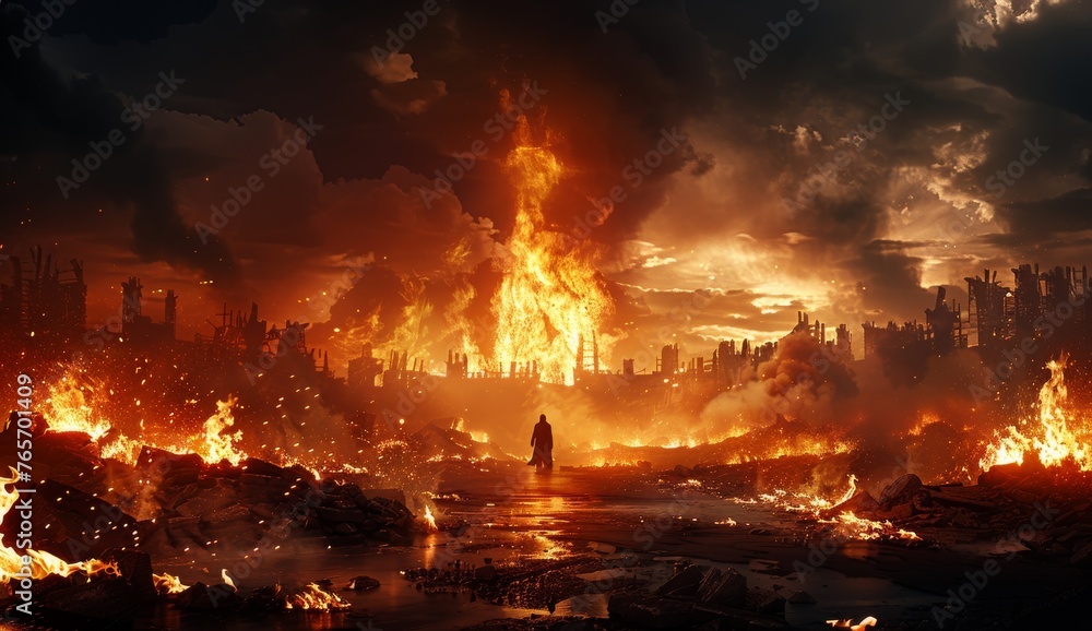 A man stands in front of a huge fire in a city