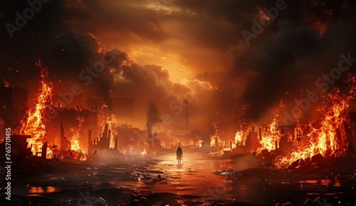 A man stands in front of a huge fire in a city photo