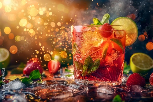 Refreshing Summer Cocktail with Mint, Strawberry, and Lime on a Festive Background with Golden Bokeh and Ice